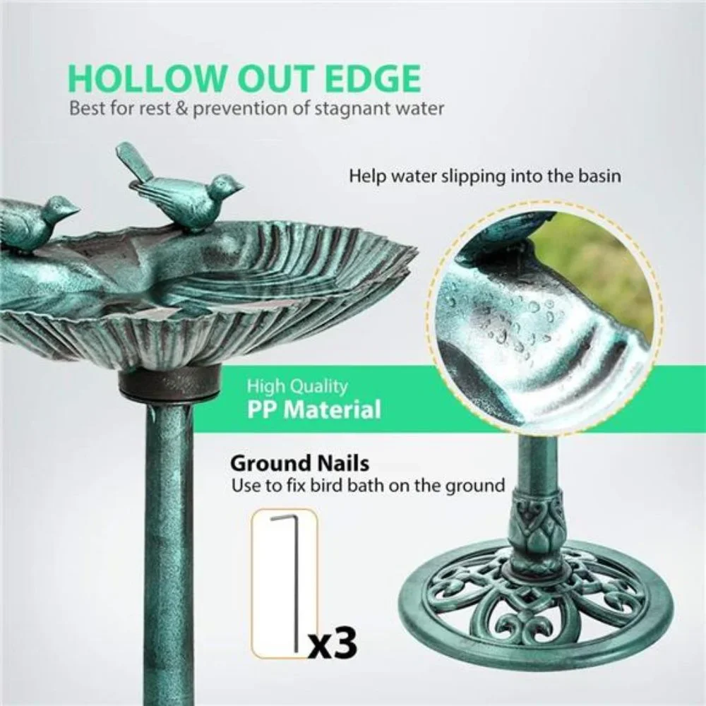 28 Inch Height Polyresin Lightweight Outdoor Double Birds Garden Bird Bath Green